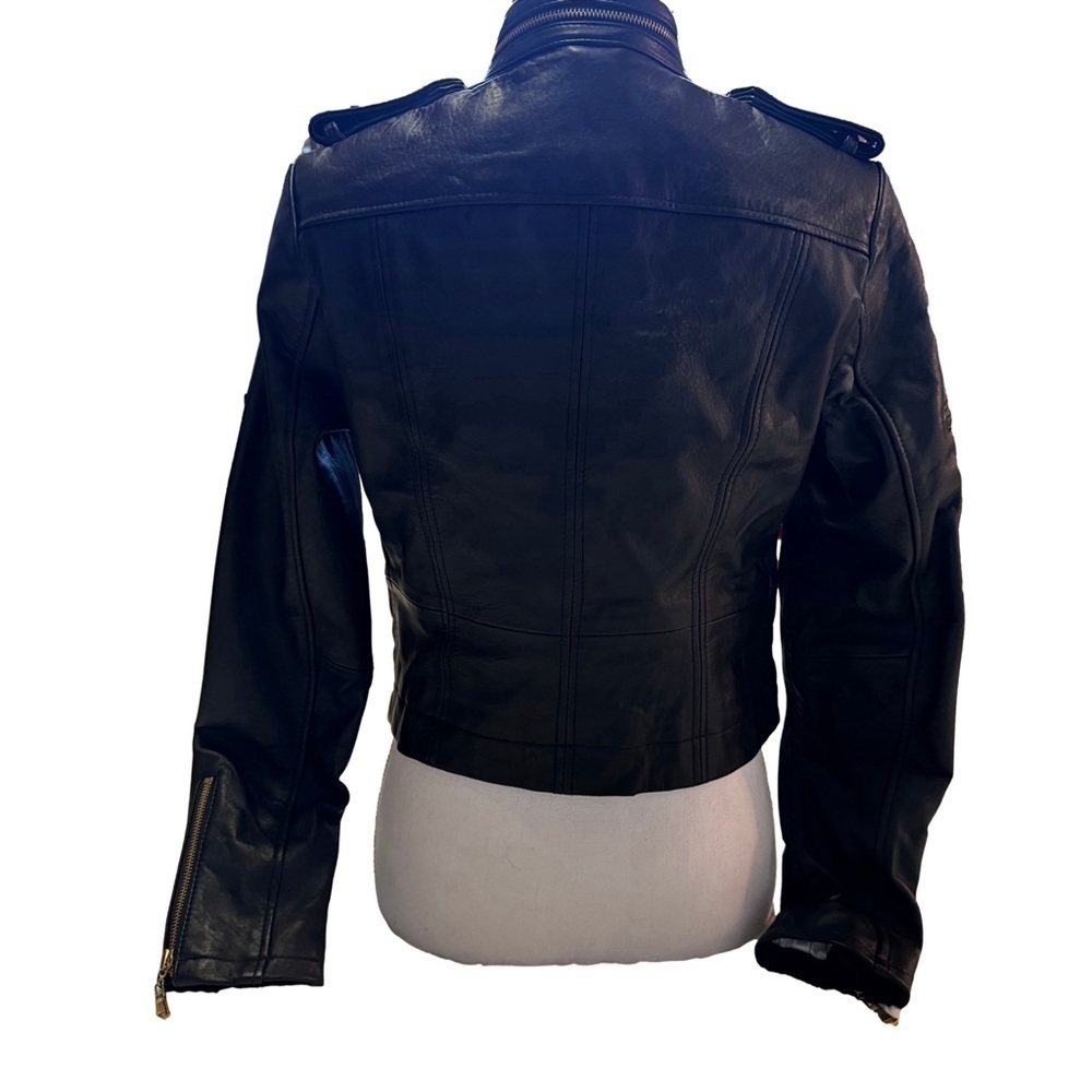 GILI Leather Black Moto Jacket Coat Size 4 Gold Hardware Pockets Zippers NEW - Picture 3 of 16